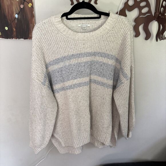 American Eagle Outfitters Sweaters - American Eagle Oversized Cream Cable Knit Sweater with Blue Stripes XXL
